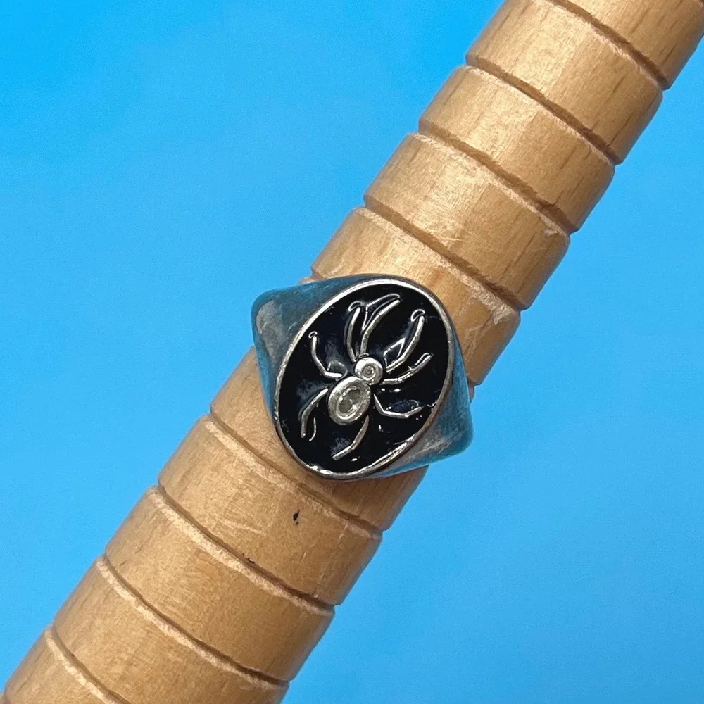 Spider Signet Ring 6.5 Black Arachnid Goth Punk Biker Aesthetic 18K Gold‎ Plated